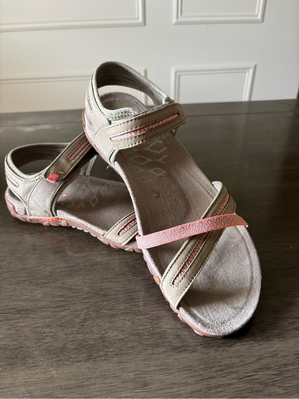 Comfort Women's Sport Sandals in Taupe with Coral Accents